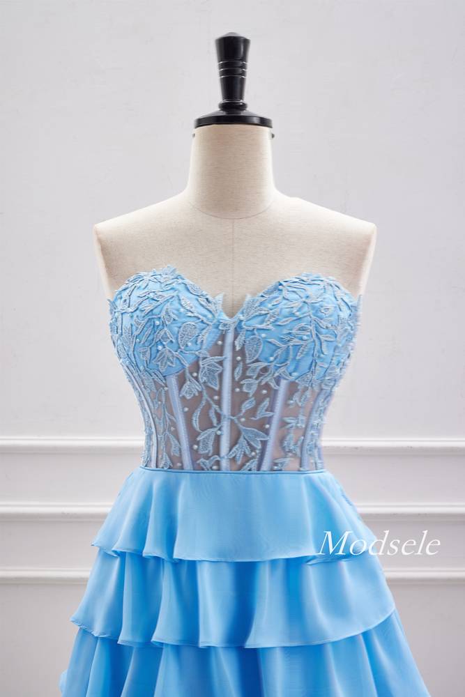 Strapless Light Blue Applique Beaded Ruffle Homecoming Dress