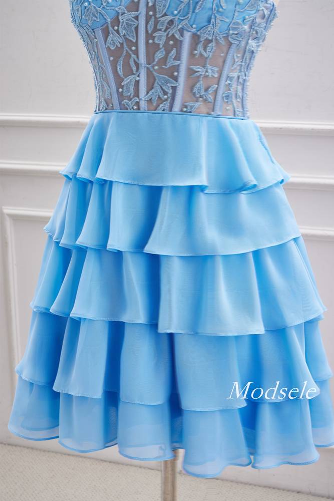 Strapless Light Blue Applique Beaded Ruffle Homecoming Dress