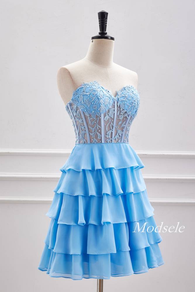 Strapless Light Blue Applique Beaded Ruffle Homecoming Dress