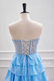 Strapless Light Blue Applique Beaded Ruffle Homecoming Dress