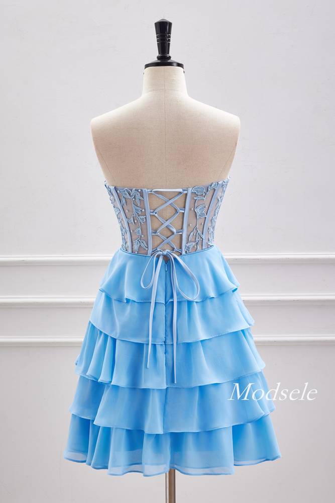 Strapless Light Blue Applique Beaded Ruffle Homecoming Dress