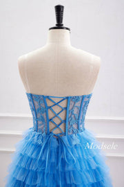 Strapless Applique Blue Multi-Layers Tulle Homecoming Dress