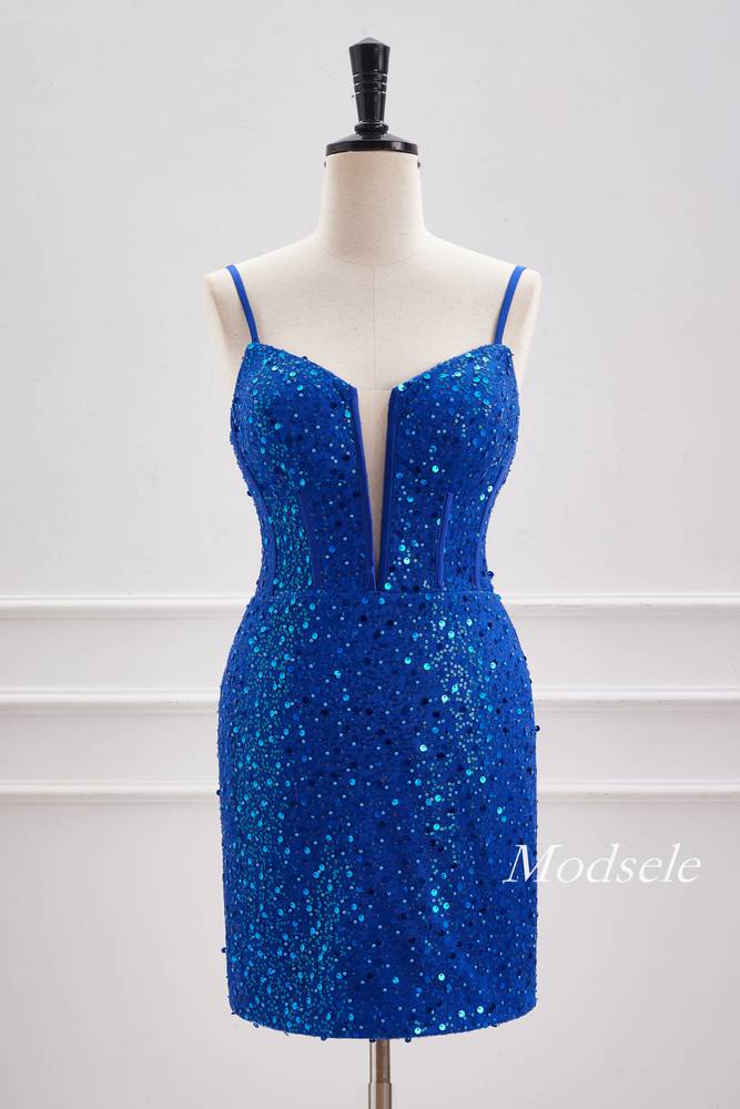 Royal Blue Plunging Neck Sequin Tight Homecoming Dress