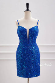 Royal Blue Plunging Neck Sequin Tight Homecoming Dress