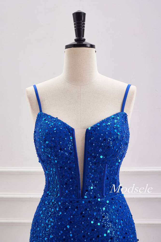 Royal Blue Plunging Neck Sequin Tight Homecoming Dress