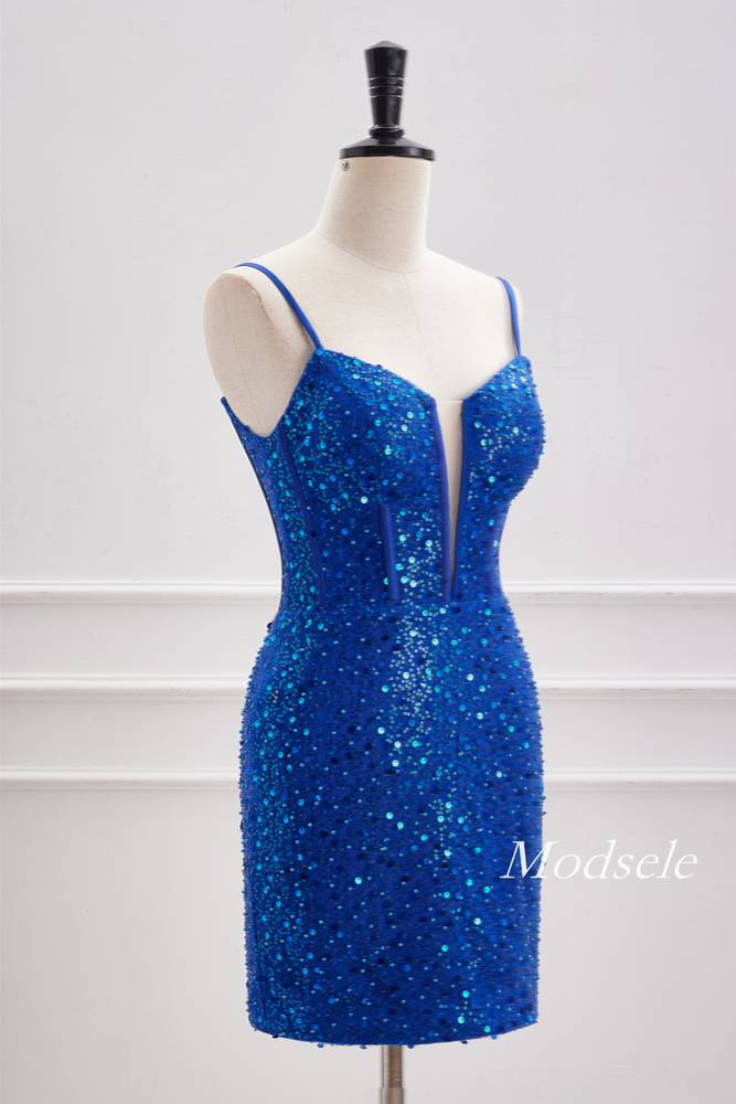 Royal Blue Plunging Neck Sequin Tight Homecoming Dress