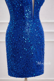 Royal Blue Plunging Neck Sequin Tight Homecoming Dress