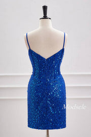 Royal Blue Plunging Neck Sequin Tight Homecoming Dress