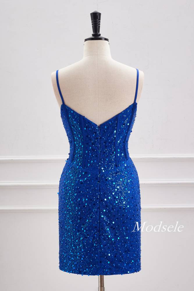 Royal Blue Plunging Neck Sequin Tight Homecoming Dress