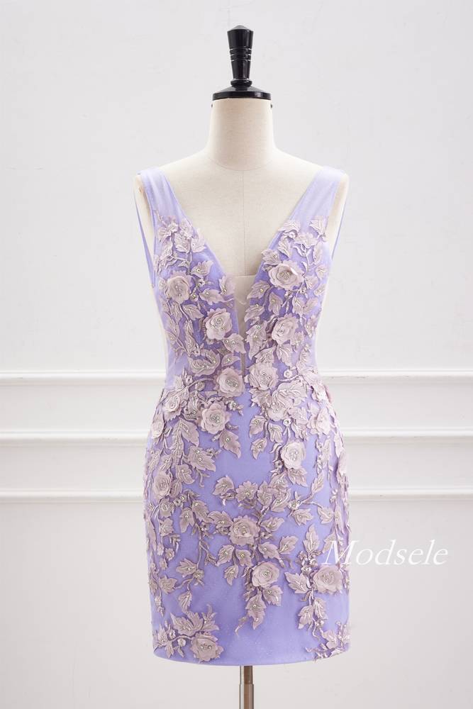 Lavender Plunging Neck Bodycon Homecoming Dress with 3D Floral Modsele Lavender Plunging Neck Bodycon Homecoming Dress with 3D Floral Modsele