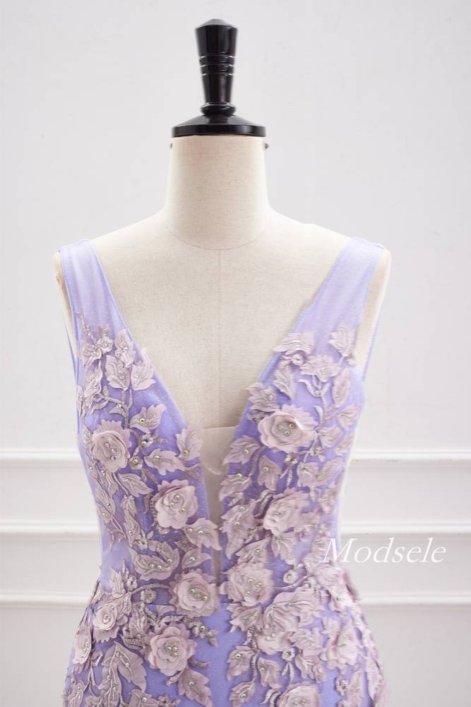 Lavender Plunging Neck Bodycon Homecoming Dress with 3D Floral