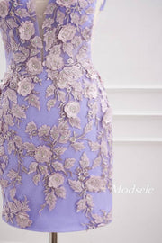 Lavender Plunging Neck Bodycon Homecoming Dress with 3D Floral