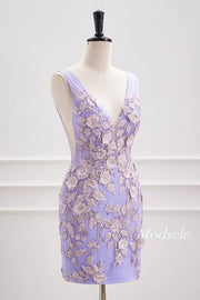 Lavender Plunging Neck Bodycon Homecoming Dress with 3D Floral