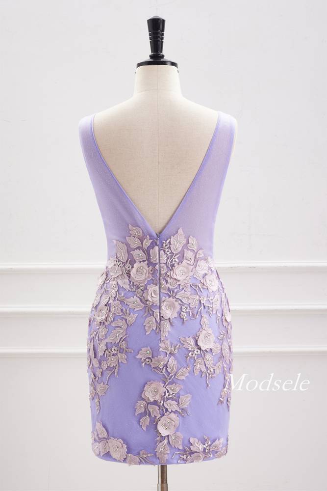 Lavender Plunging Neck Bodycon Homecoming Dress with 3D Floral