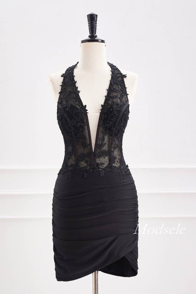 Plunging Neck Black Applique Beaded Bodycon Homecoming Dress