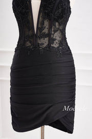 Plunging Neck Black Applique Beaded Bodycon Homecoming Dress