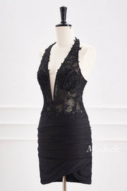 Plunging Neck Black Applique Beaded Bodycon Homecoming Dress