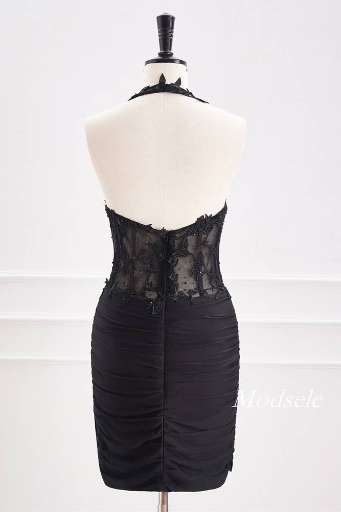 Plunging Neck Black Applique Beaded Bodycon Homecoming Dress