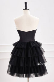 Strapless Black A-Line Tiered Tulle Homecoming Dress