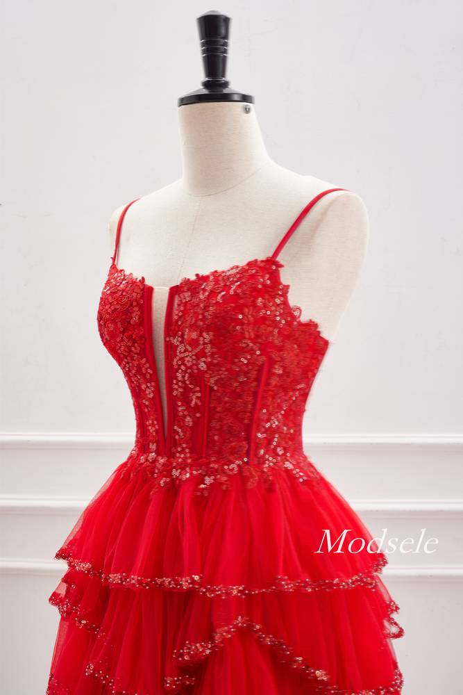 Red Spaghetti Straps Sequin Ruffle Homecoming Dress