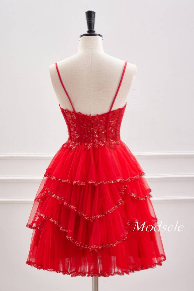 Red Spaghetti Straps Sequin Ruffle Homecoming Dress