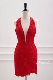 Plunging Neck Red Applique Beaded Bodycon Homecoming Dress