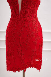 Plunging Neck Red Applique Beaded Bodycon Homecoming Dress