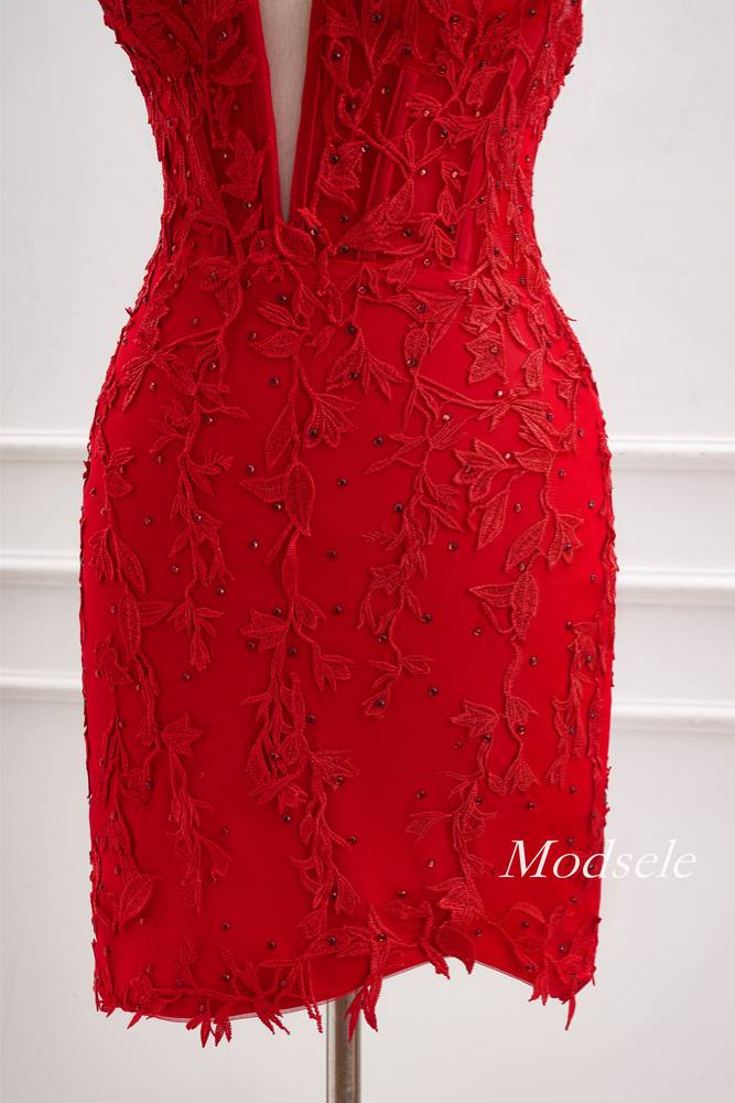 Plunging Neck Red Applique Beaded Bodycon Homecoming Dress