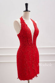 Plunging Neck Red Applique Beaded Bodycon Homecoming Dress