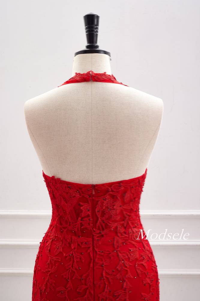 Plunging Neck Red Applique Beaded Bodycon Homecoming Dress