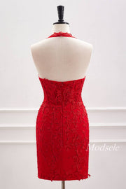 Plunging Neck Red Applique Beaded Bodycon Homecoming Dress