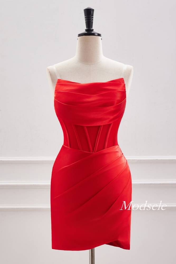 Strapless Red Pleated Tight Homecoming Dress