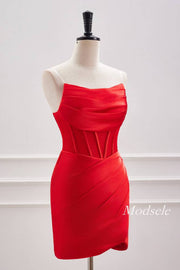 Strapless Red Pleated Tight Homecoming Dress