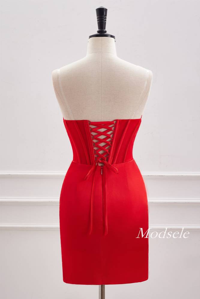 Strapless Red Pleated Tight Homecoming Dress