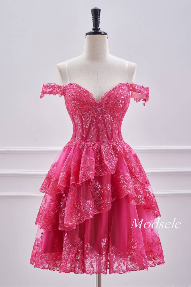 Off the Shoulder Hot Pink A-Line Ruffle Homecoming Dress