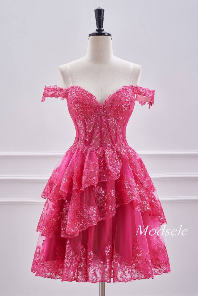 Off the Shoulder Hot Pink A-Line Ruffle Homecoming Dress – Modsele