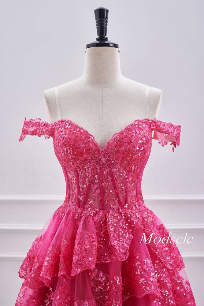 Off the Shoulder Hot Pink A-Line Ruffle Homecoming Dress
