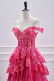 Off the Shoulder Hot Pink A-Line Ruffle Homecoming Dress