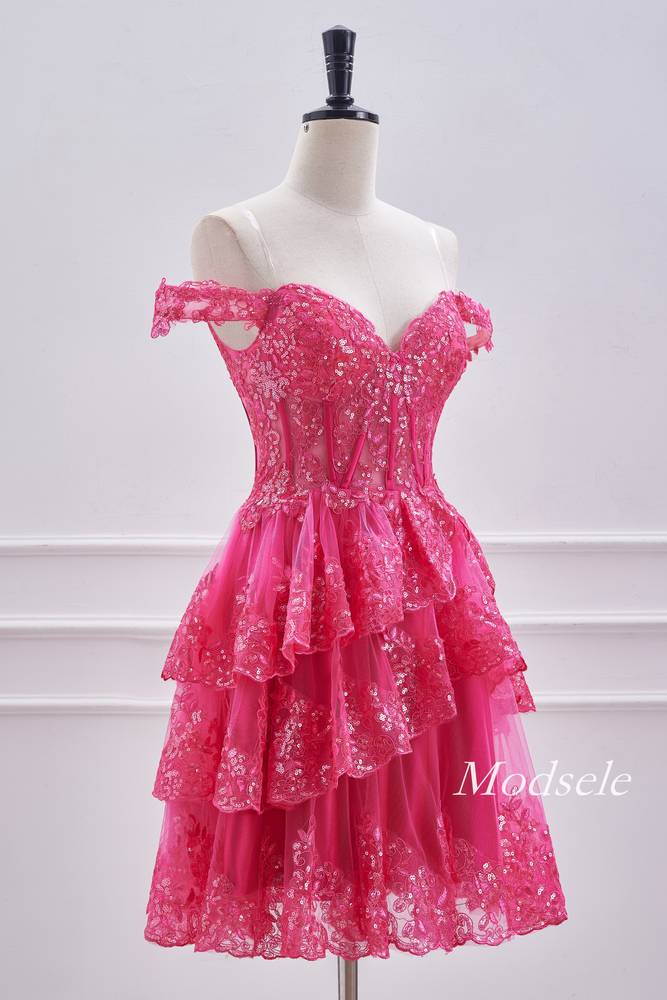 Off the Shoulder Hot Pink A-Line Ruffle Homecoming Dress