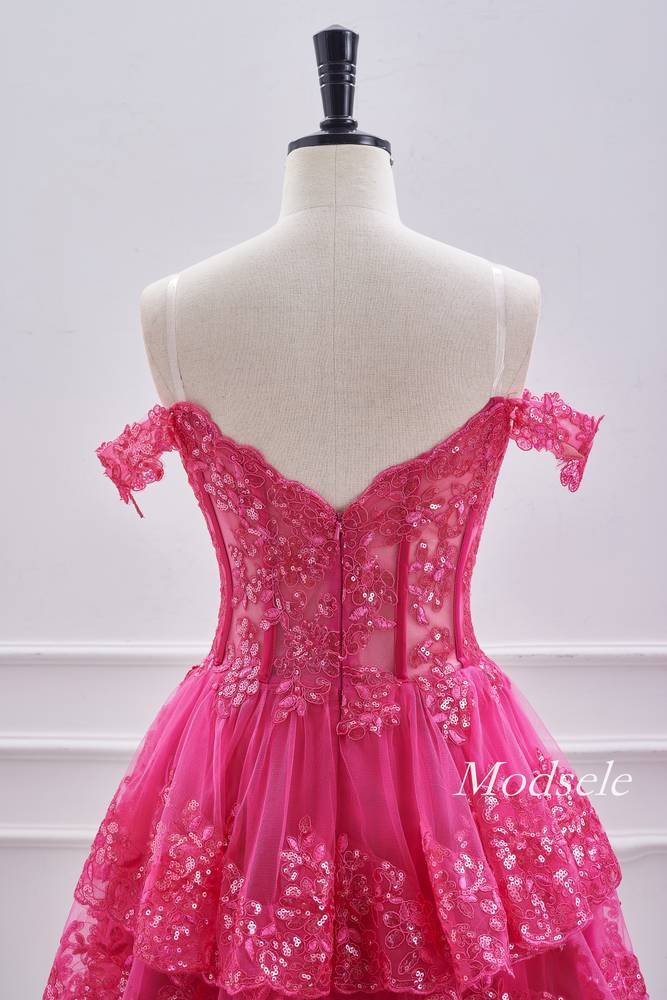 Off the Shoulder Hot Pink A-Line Ruffle Homecoming Dress