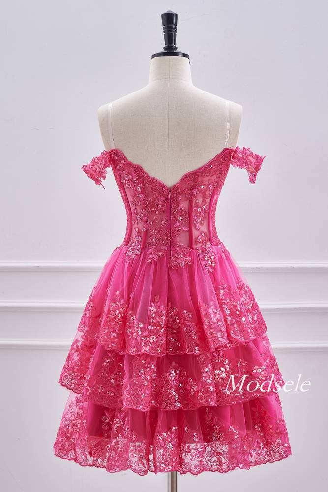 hoco dresses hot pink Off the Shoulder Hot Pink A-Line Ruffle Homecoming Dress – Modsele