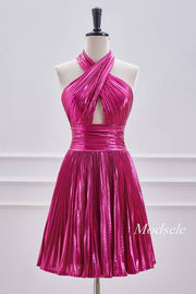 Crossed Halter Metallic Fuchsia Pleated Homecoming Dress