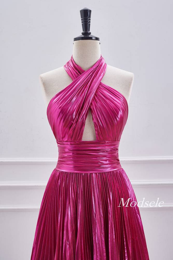 Crossed Halter Metallic Fuchsia Pleated Homecoming Dress