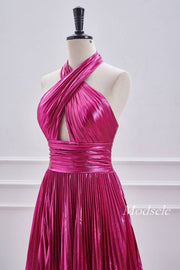 Crossed Halter Metallic Fuchsia Pleated Homecoming Dress