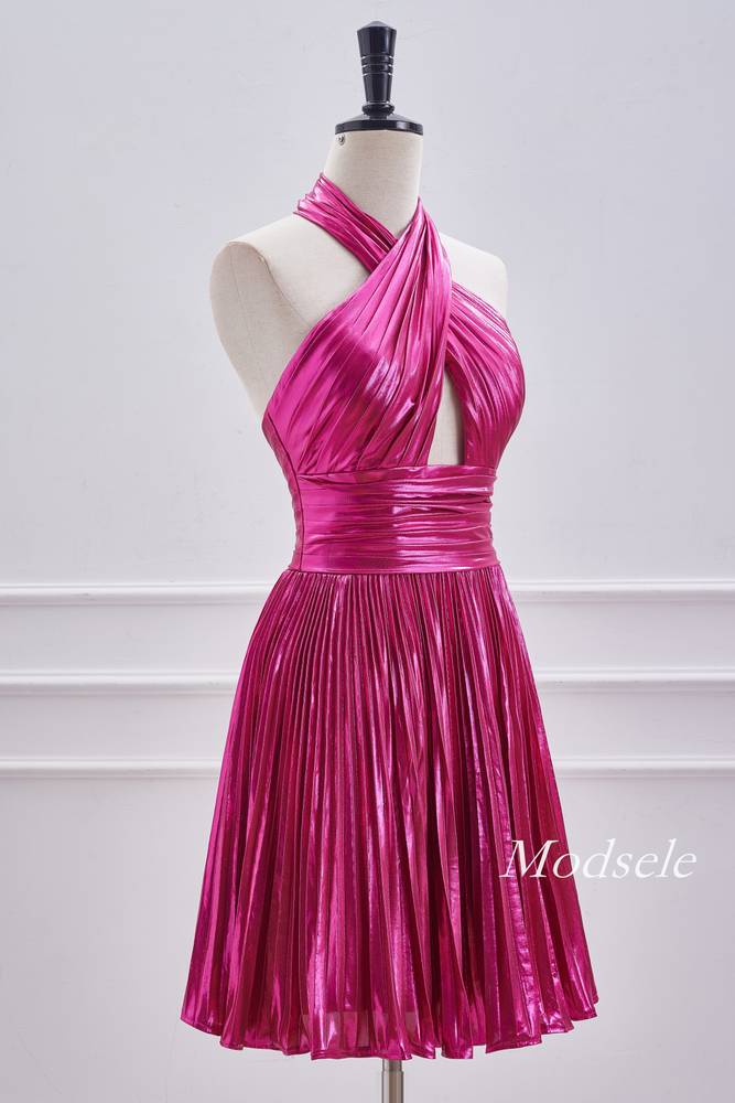 Crossed Halter Metallic Fuchsia Pleated Homecoming Dress