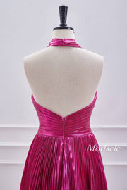 Crossed Halter Metallic Fuchsia Pleated Homecoming Dress