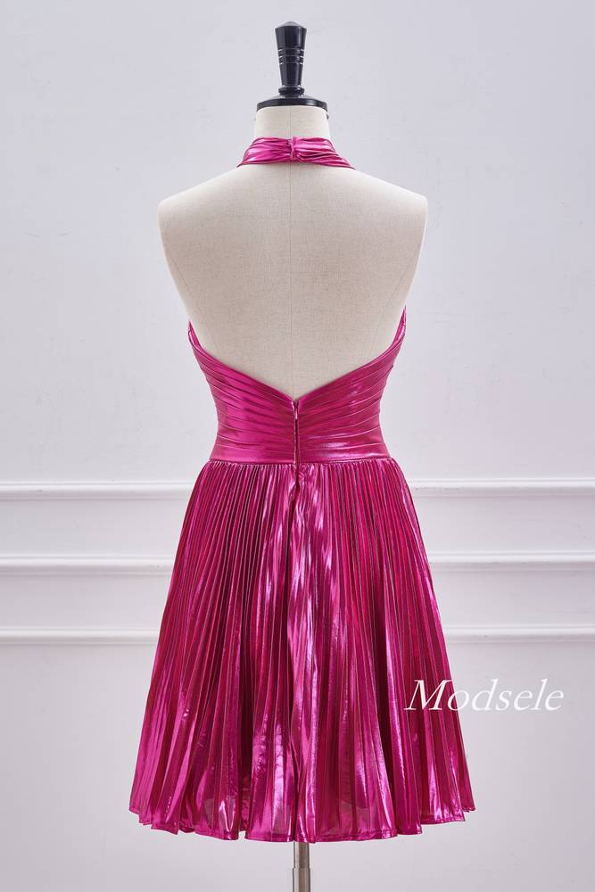 Crossed Halter Metallic Fuchsia Pleated Homecoming Dress