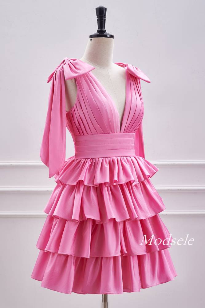 V-Neck Pink Pleated Ruffle Homecoming Dress
