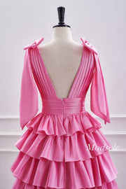 V-Neck Pink Pleated Ruffle Homecoming Dress