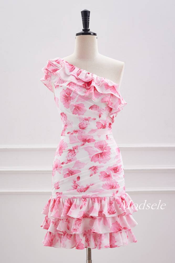 Pink Floral Print One Shoulder Tight Ruffle Homecoming Dress Modsele Pink Floral Print One Shoulder Tight Ruffle Homecoming Dress Modsele